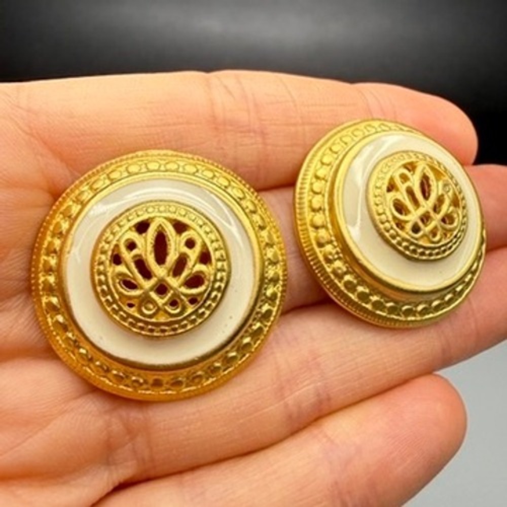 Vintage Gold Tone White Enamel Earrings Pierced Button 80s Etruscan Revival